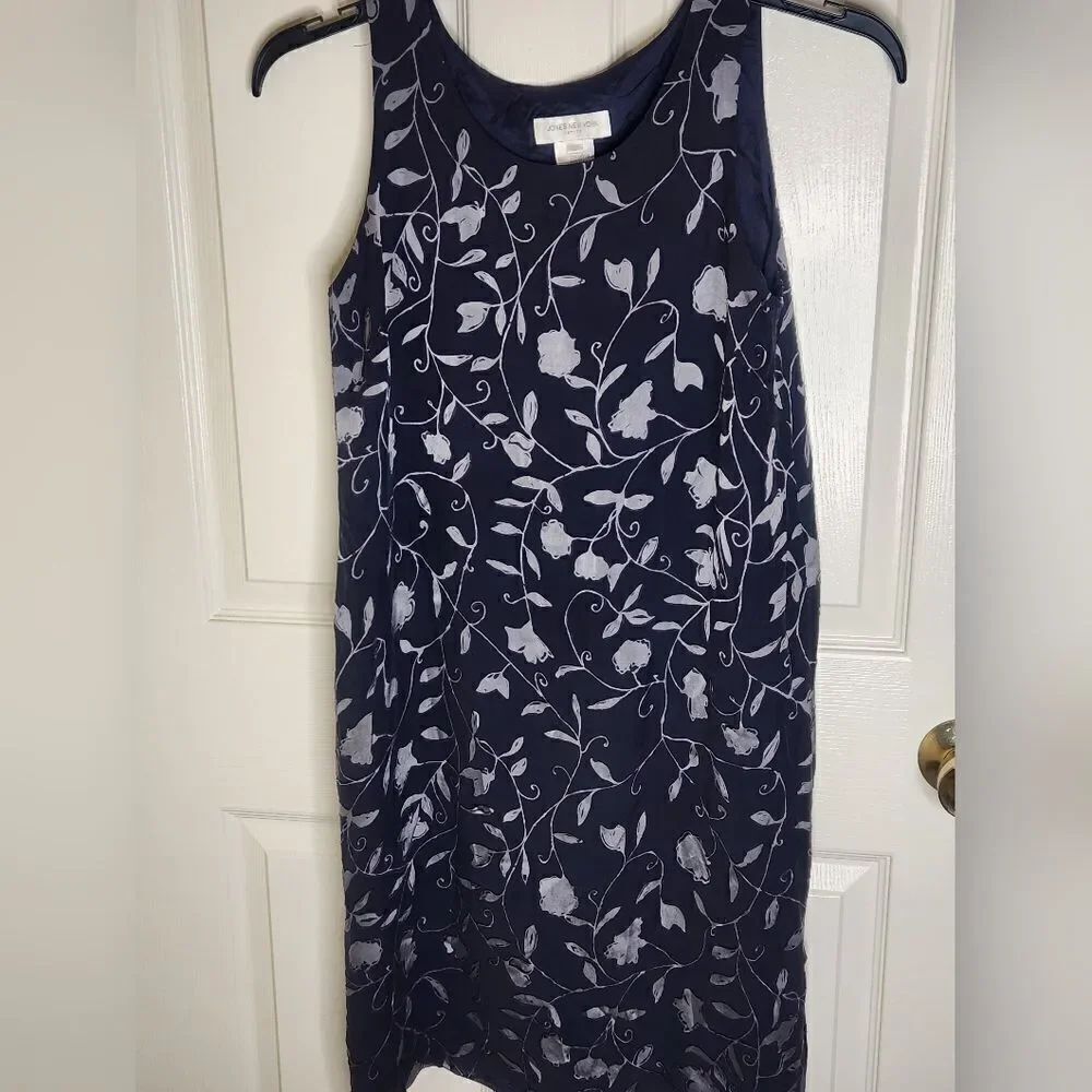 Jones New York 8P Navy Blue Floral Print Linen SILK Blend Sleeveless Women Dress